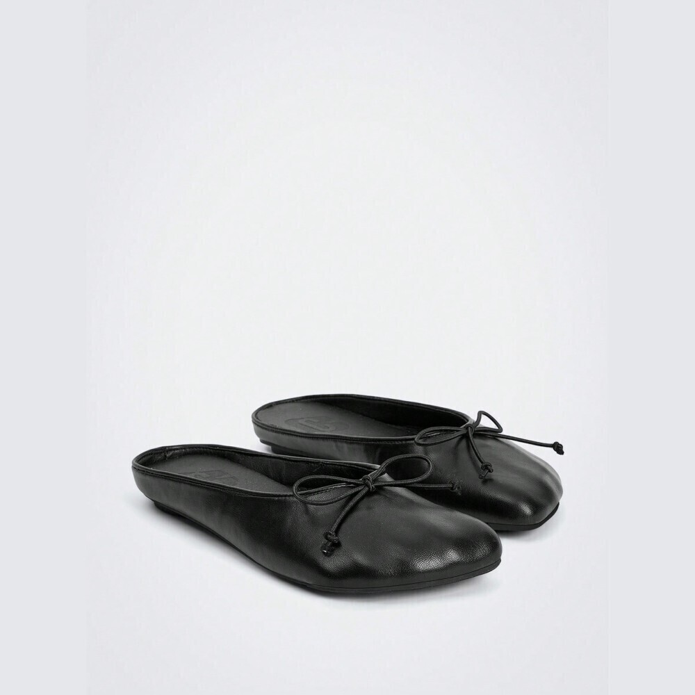 Black Faux Leather Bow Tie Backless Ballet Flat Mules
